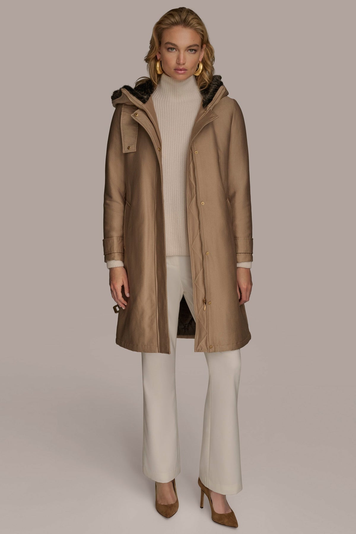 Donna Karan FAUX FUR TRIM LINED RAIN COAT