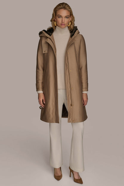 Donna Karan FAUX FUR TRIM LINED RAIN COAT