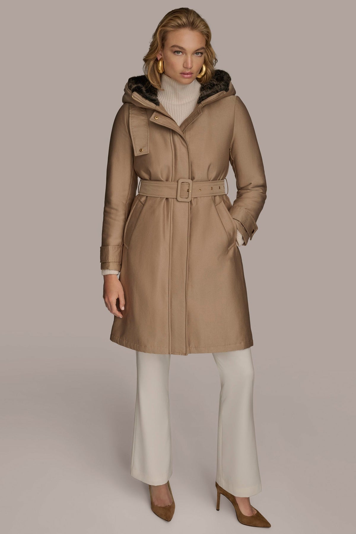 Donna Karan FAUX FUR TRIM LINED RAIN COAT