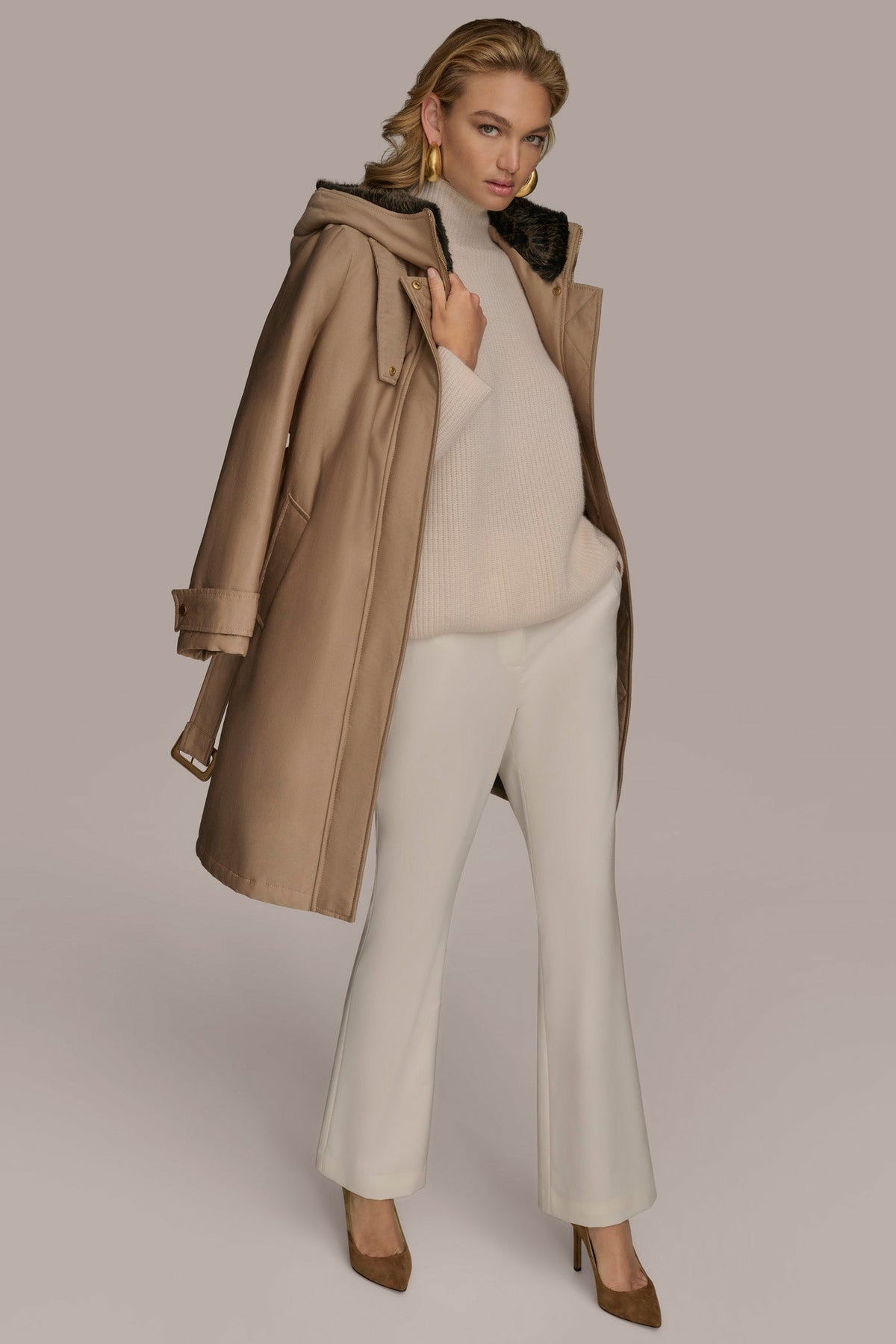 Donna Karan FAUX FUR TRIM LINED RAIN COAT