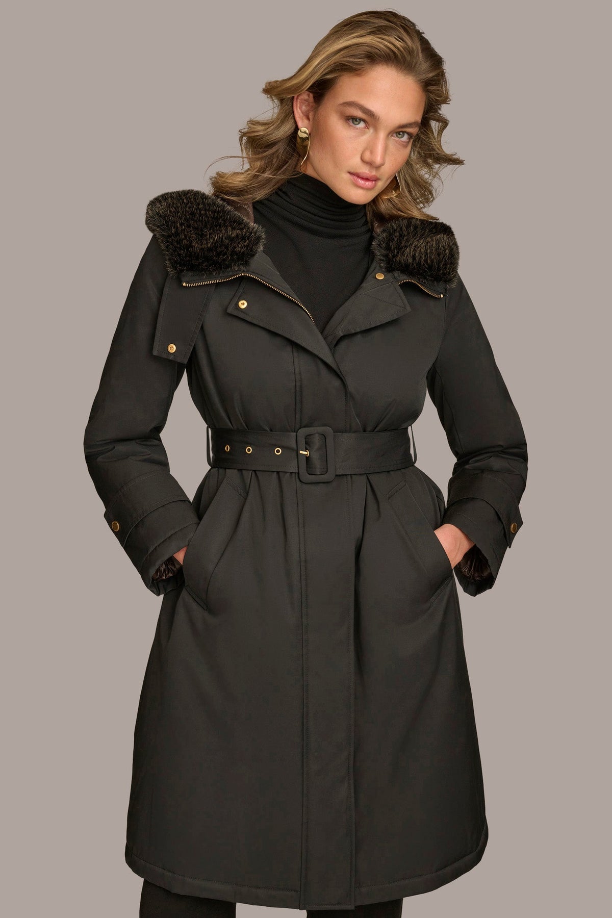 Donna Karan FAUX FUR TRIM LINED RAIN COAT
