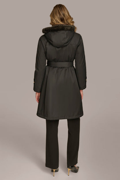 Donna Karan FAUX FUR TRIM LINED RAIN COAT
