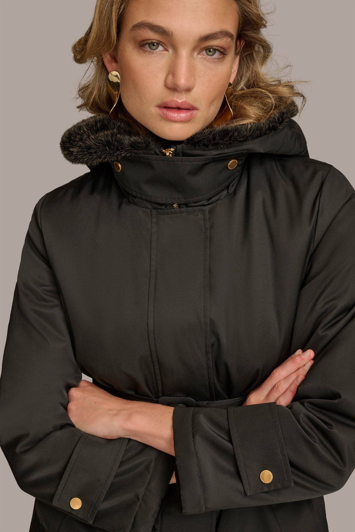 Donna Karan FAUX FUR TRIM LINED RAIN COAT