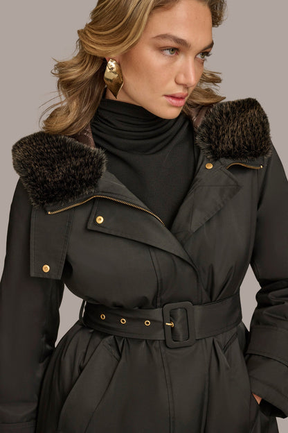 Donna Karan FAUX FUR TRIM LINED RAIN COAT