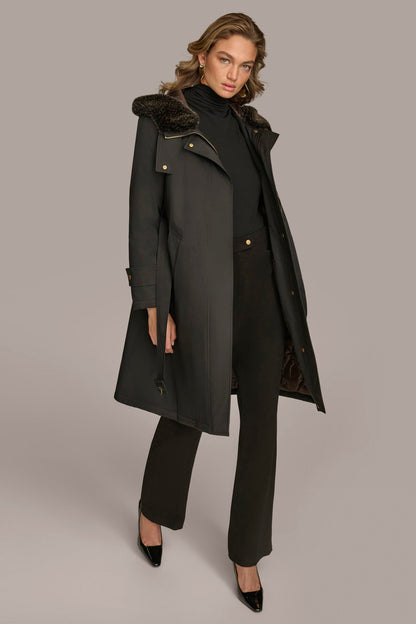 Donna Karan FAUX FUR TRIM LINED RAIN COAT