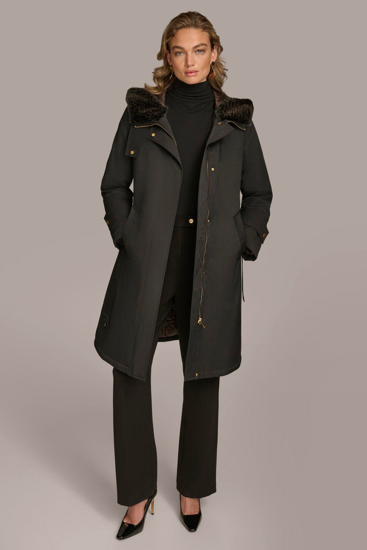Donna Karan FAUX FUR TRIM LINED RAIN COAT