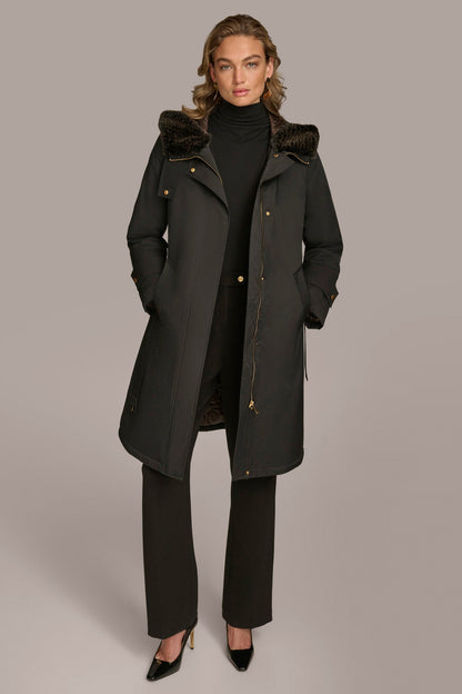 Donna Karan FAUX FUR TRIM LINED RAIN COAT