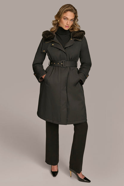 Donna Karan FAUX FUR TRIM LINED RAIN COAT