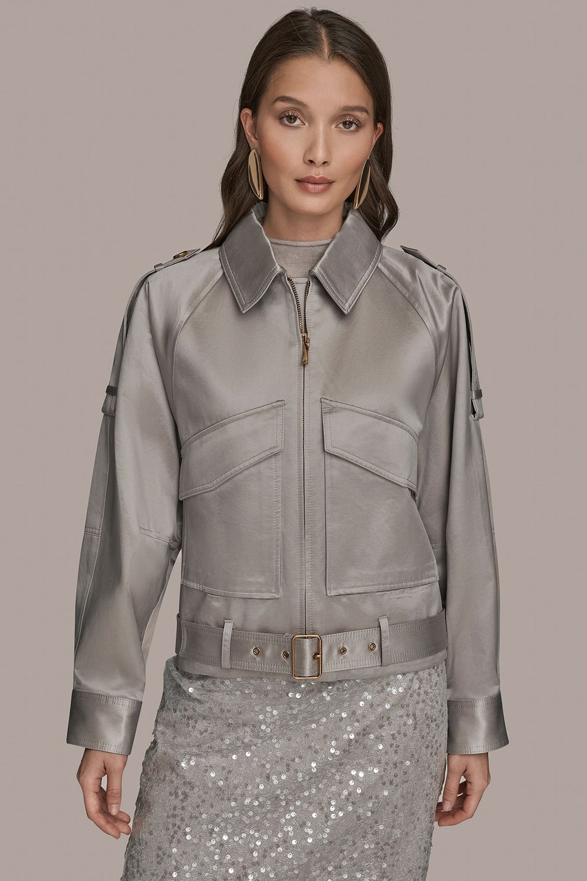 Donna Karan COTTON-BLEND SATIN BIKER JACKET