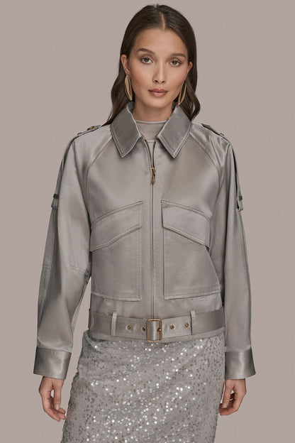 Donna Karan COTTON-BLEND SATIN BIKER JACKET