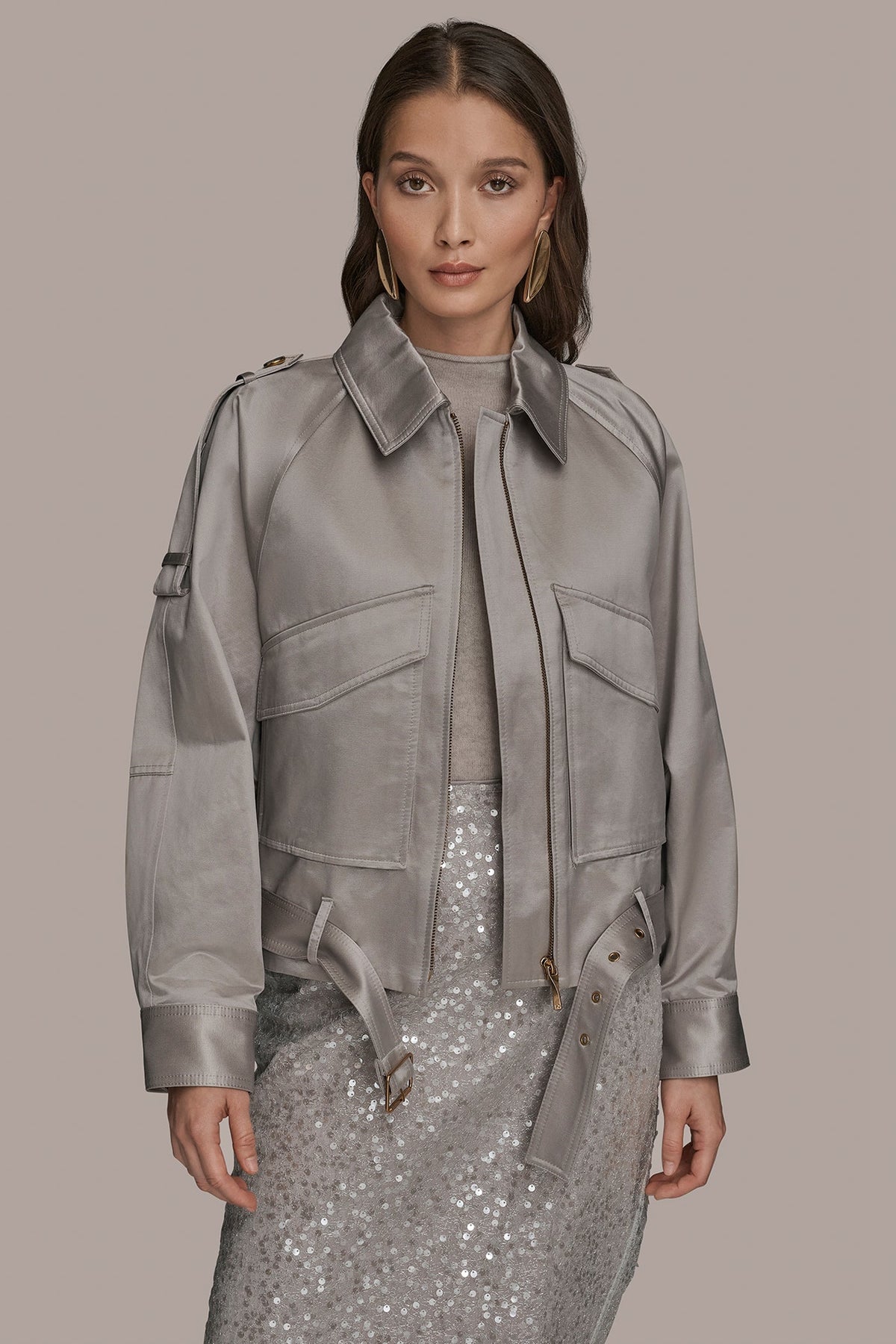 Donna Karan COTTON-BLEND SATIN BIKER JACKET