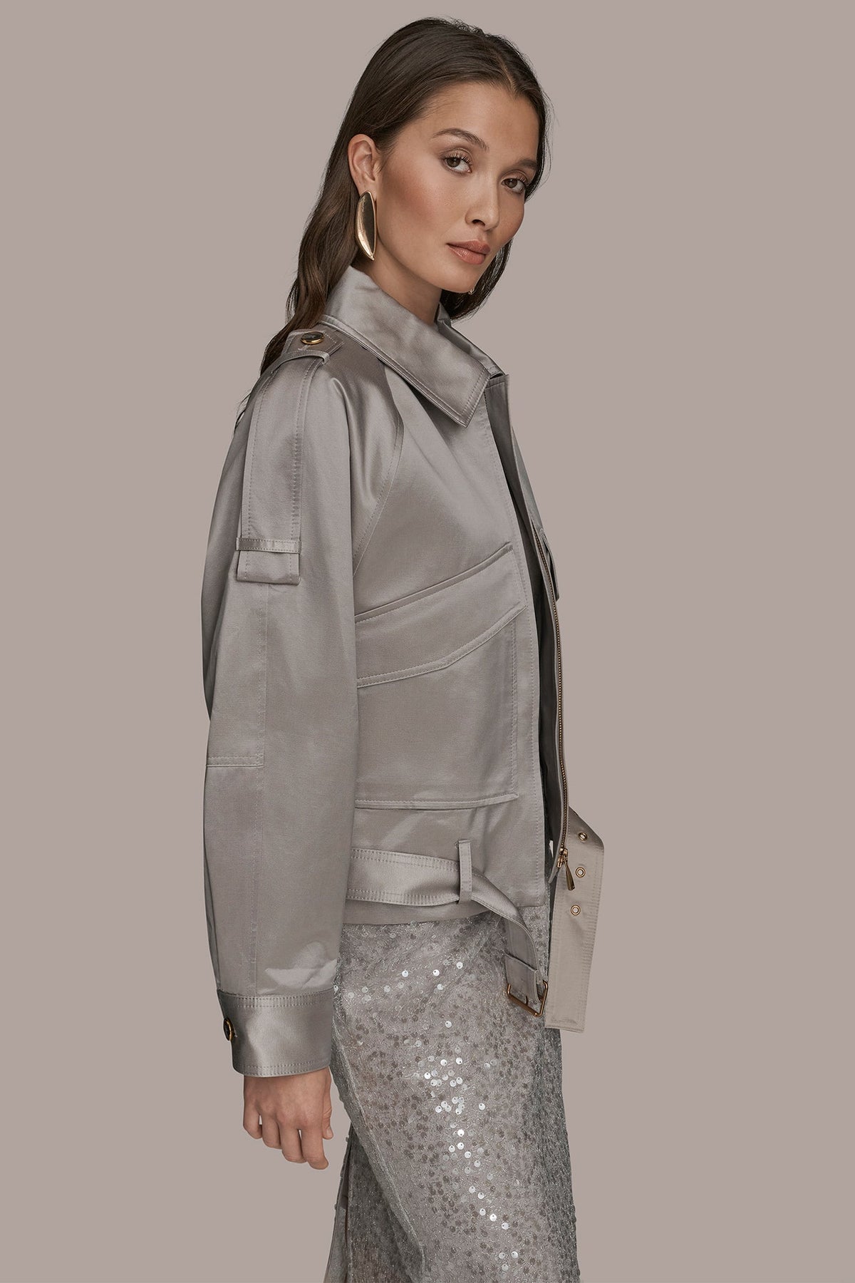 Donna Karan COTTON-BLEND SATIN BIKER JACKET