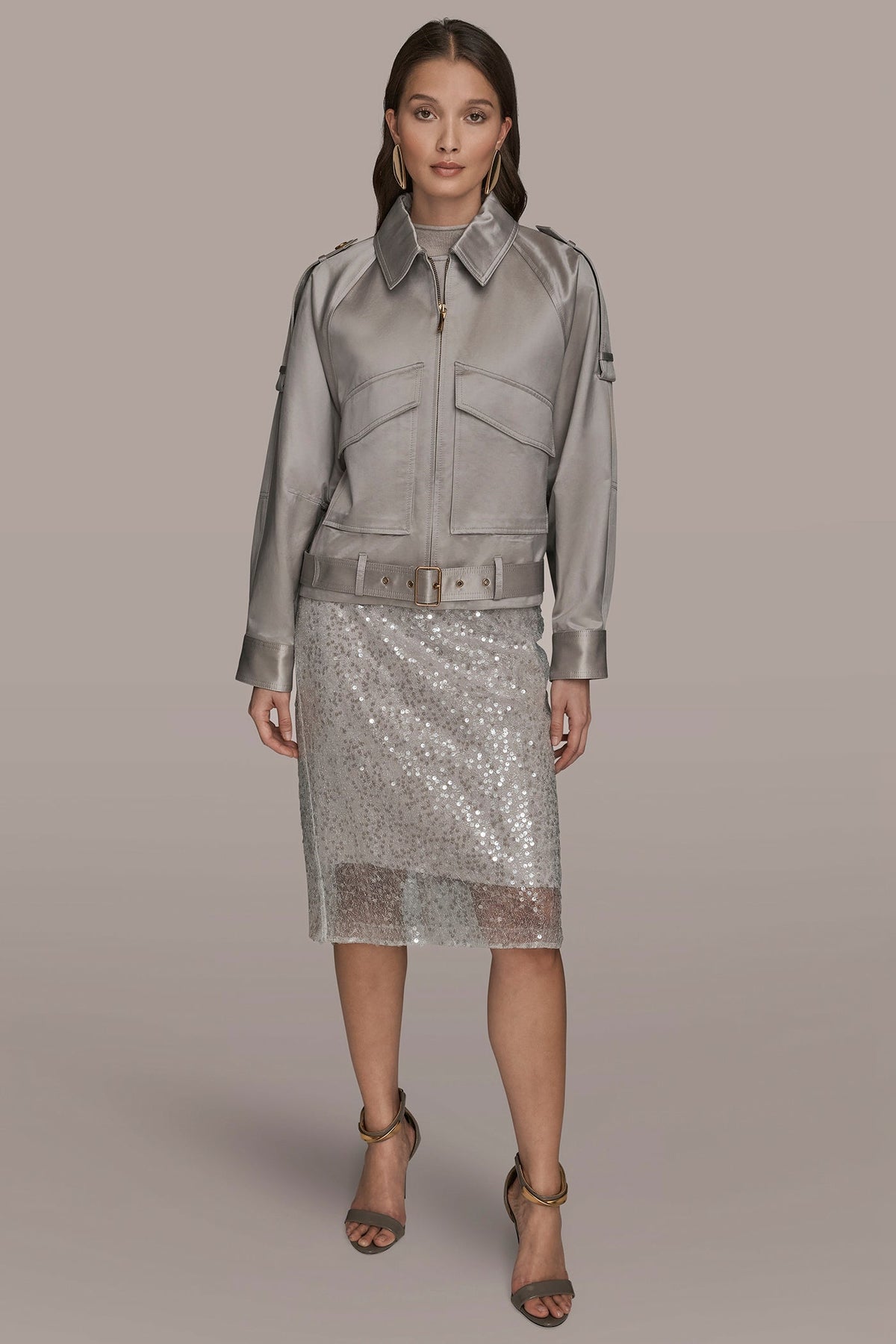 Donna Karan COTTON-BLEND SATIN BIKER JACKET