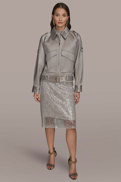 Donna Karan COTTON-BLEND SATIN BIKER JACKET