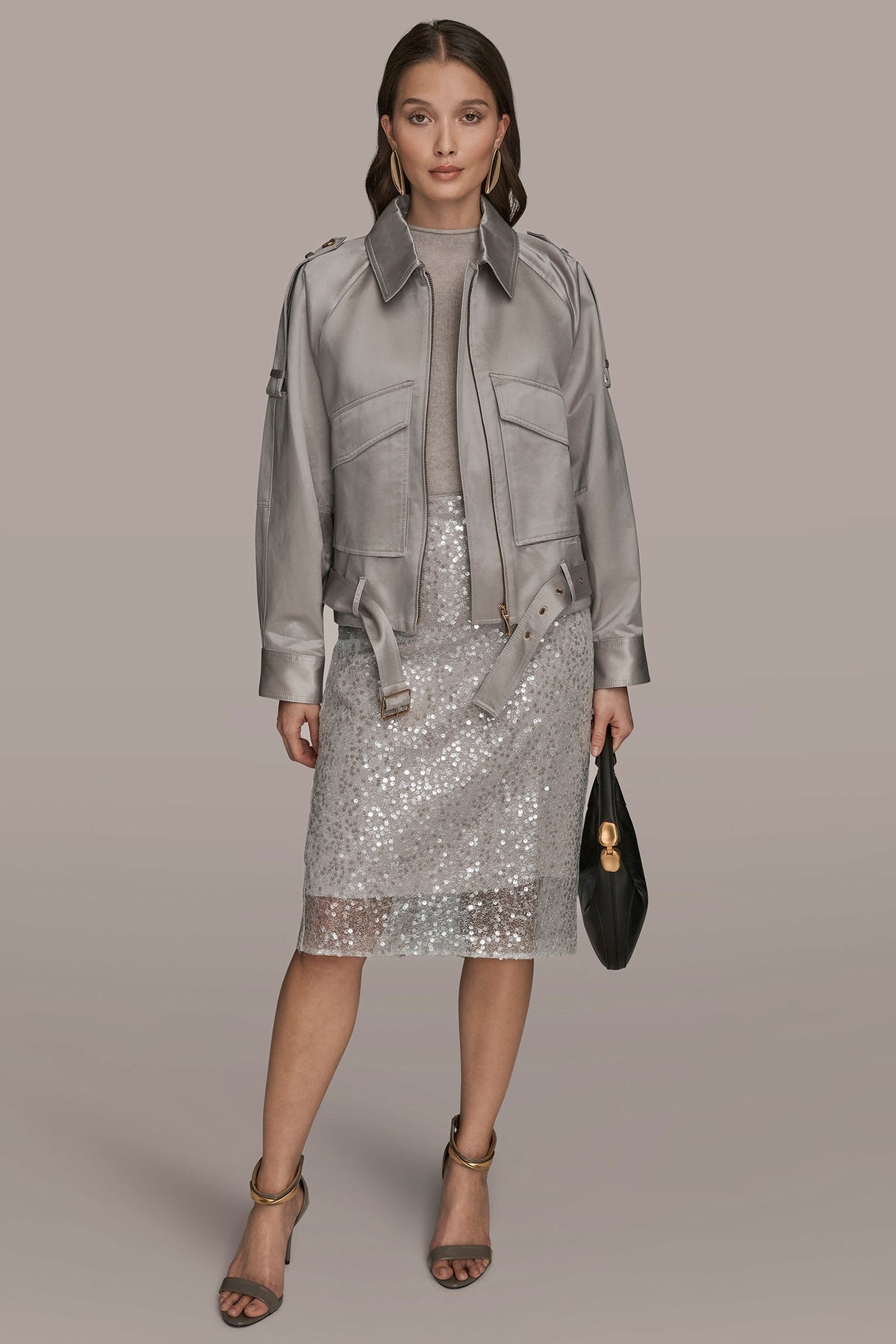 Donna Karan COTTON-BLEND SATIN BIKER JACKET