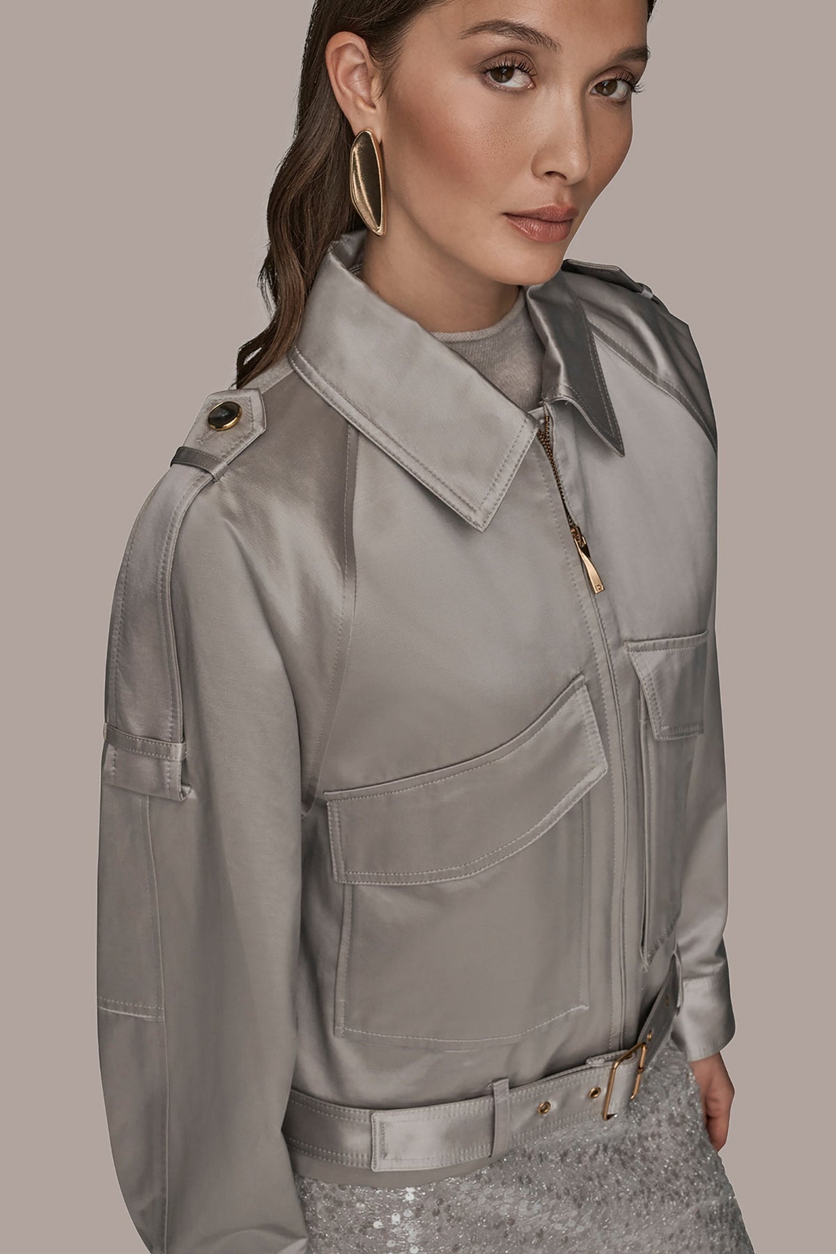 Donna Karan COTTON-BLEND SATIN BIKER JACKET