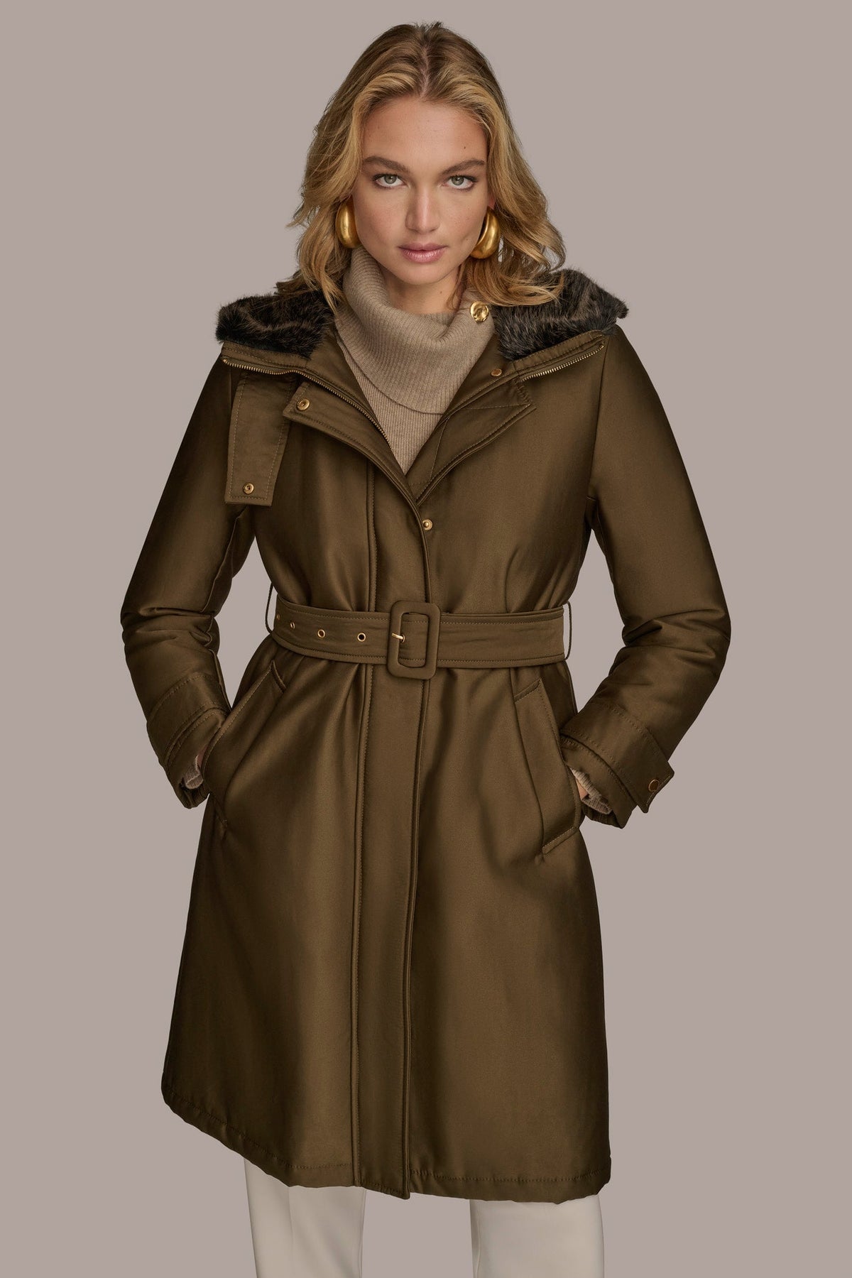 Donna Karan FAUX FUR TRIM LINED RAIN COAT