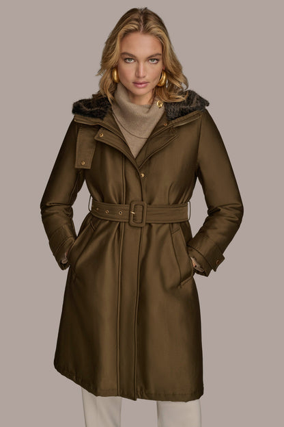 Donna Karan FAUX FUR TRIM LINED RAIN COAT
