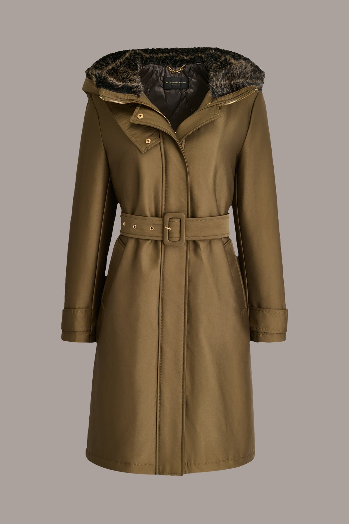 Donna Karan FAUX FUR TRIM LINED RAIN COAT
