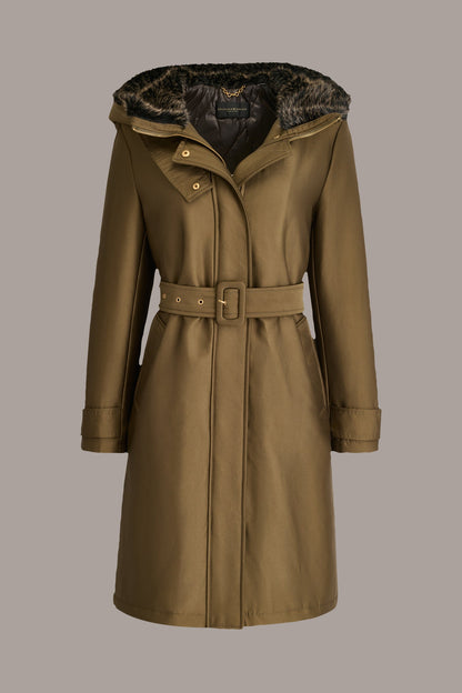 Donna Karan FAUX FUR TRIM LINED RAIN COAT