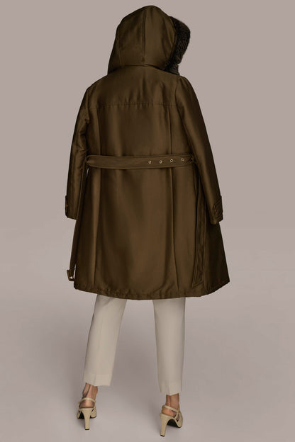 Donna Karan FAUX FUR TRIM LINED RAIN COAT