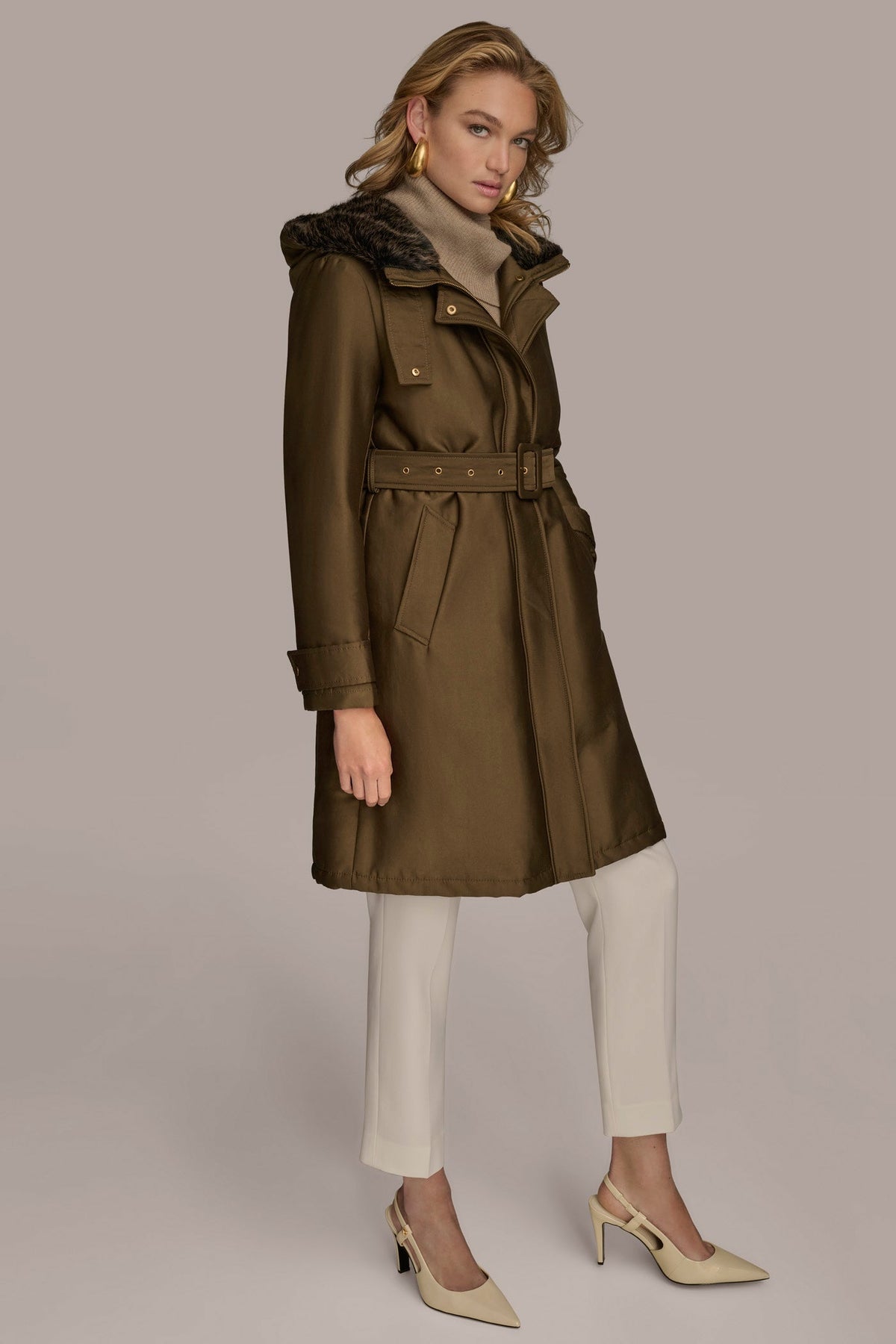 Donna Karan FAUX FUR TRIM LINED RAIN COAT