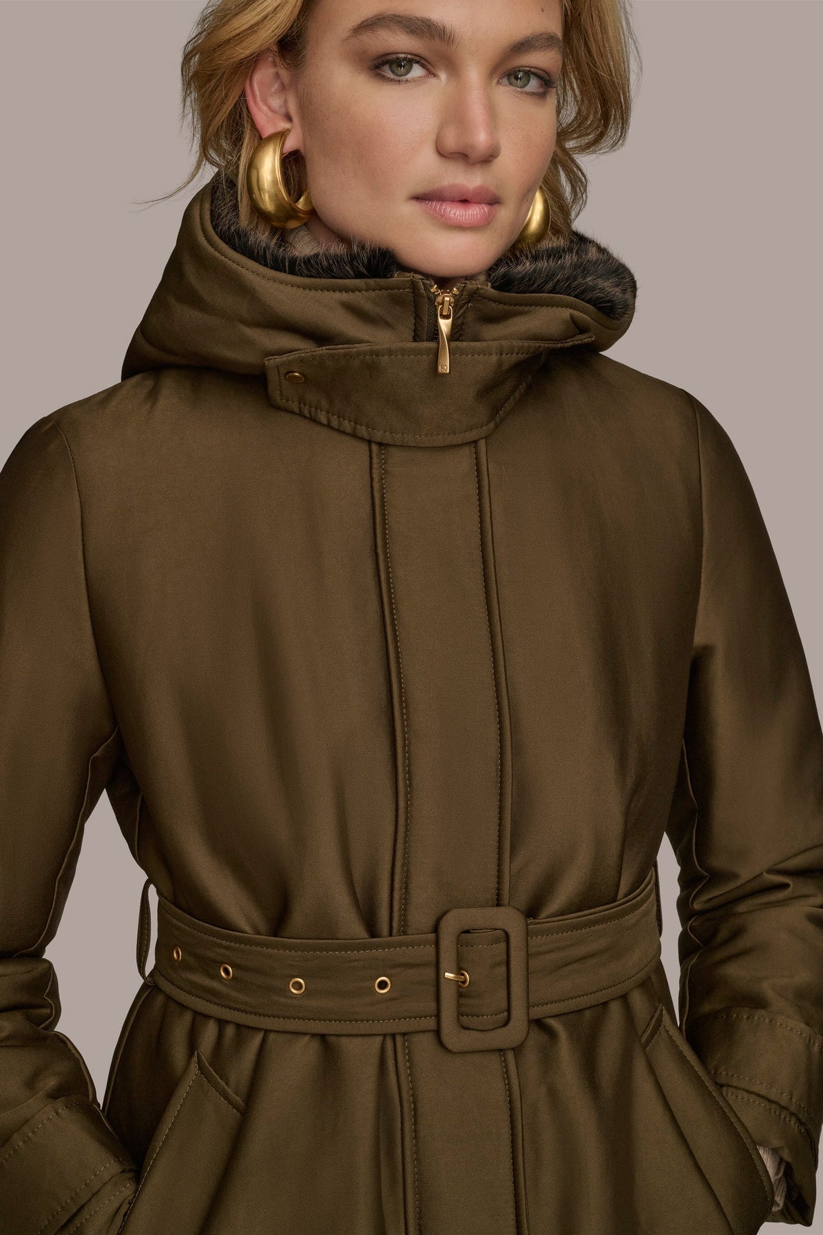 Donna Karan FAUX FUR TRIM LINED RAIN COAT