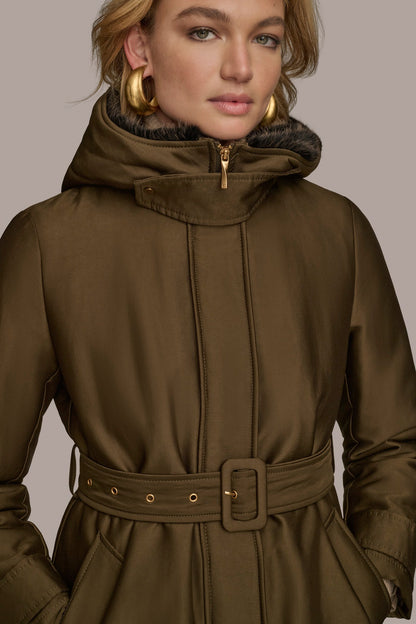 Donna Karan FAUX FUR TRIM LINED RAIN COAT