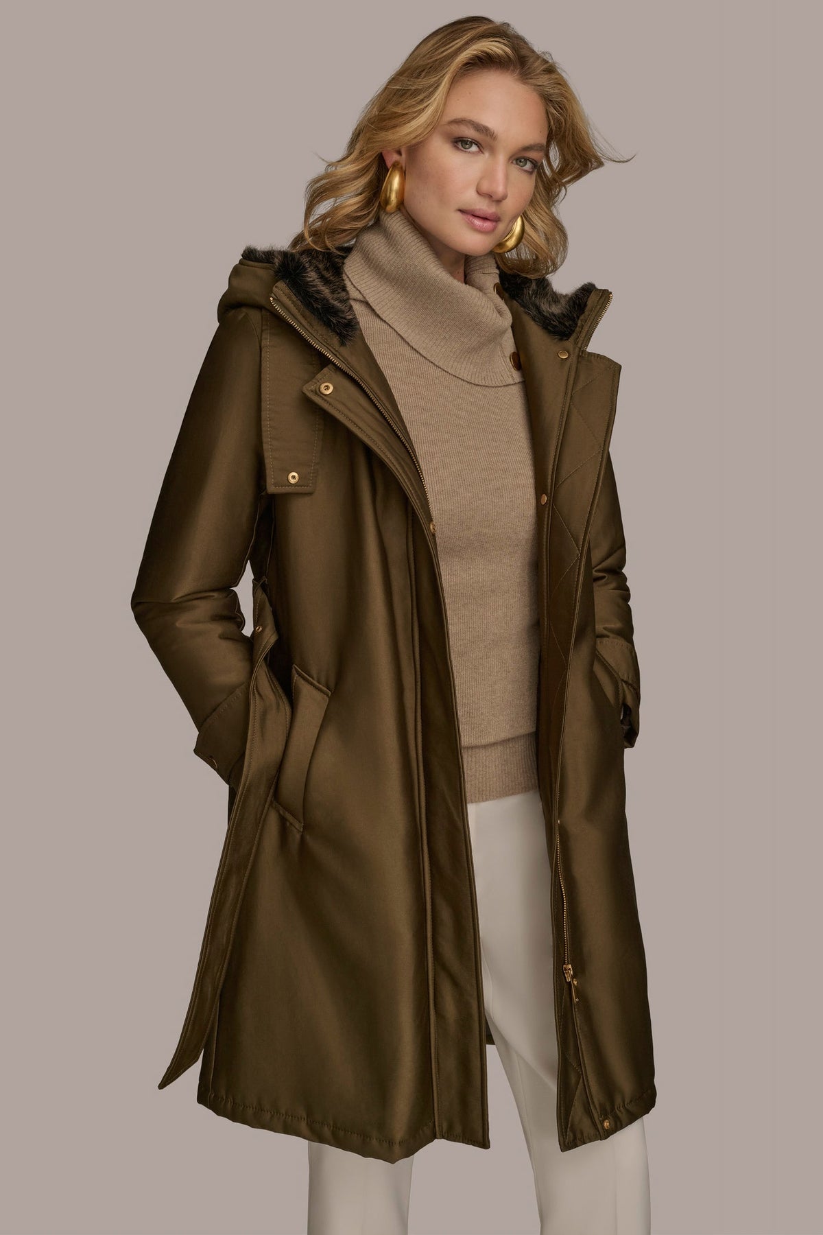 Donna Karan FAUX FUR TRIM LINED RAIN COAT