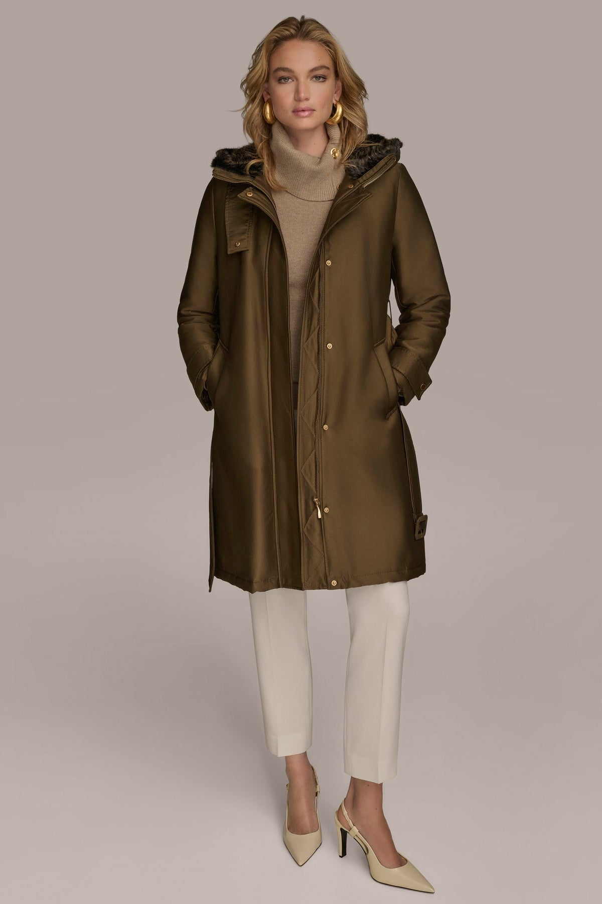 Donna Karan FAUX FUR TRIM LINED RAIN COAT