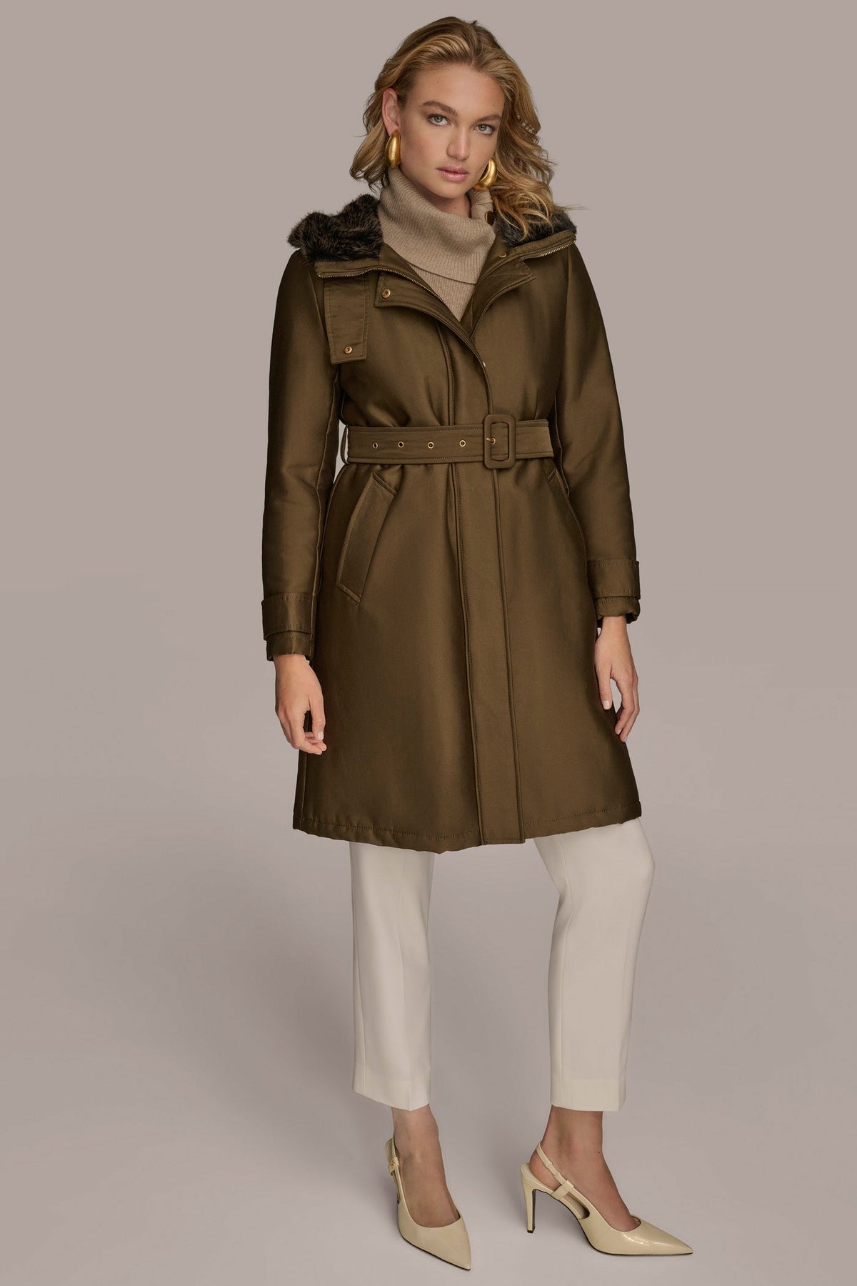 Donna Karan FAUX FUR TRIM LINED RAIN COAT