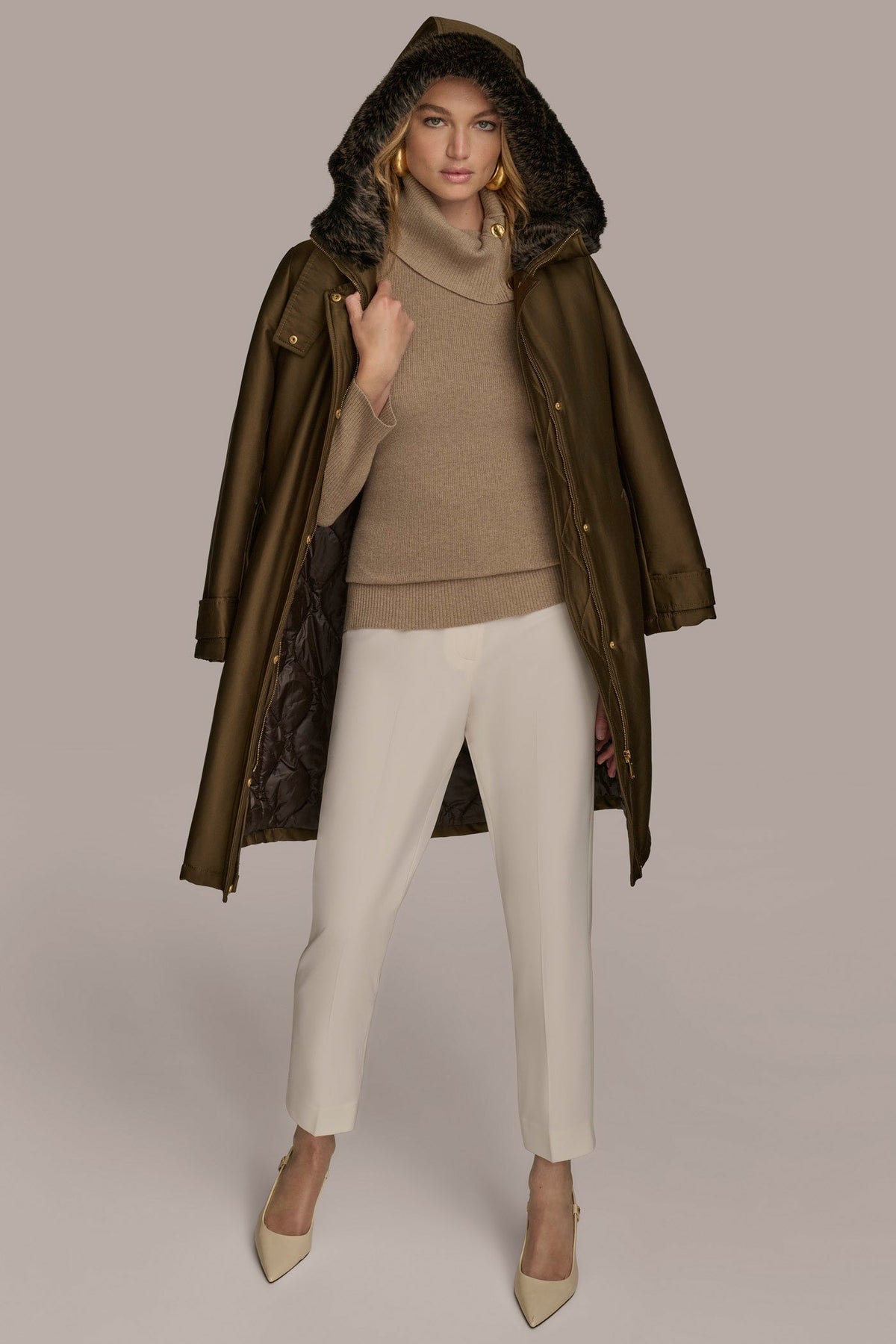 Donna Karan FAUX FUR TRIM LINED RAIN COAT