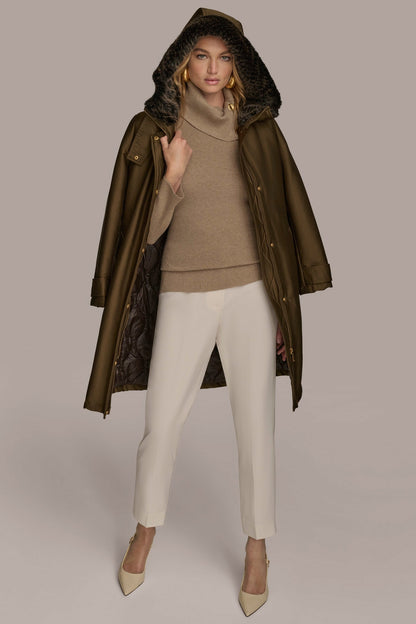 Donna Karan FAUX FUR TRIM LINED RAIN COAT