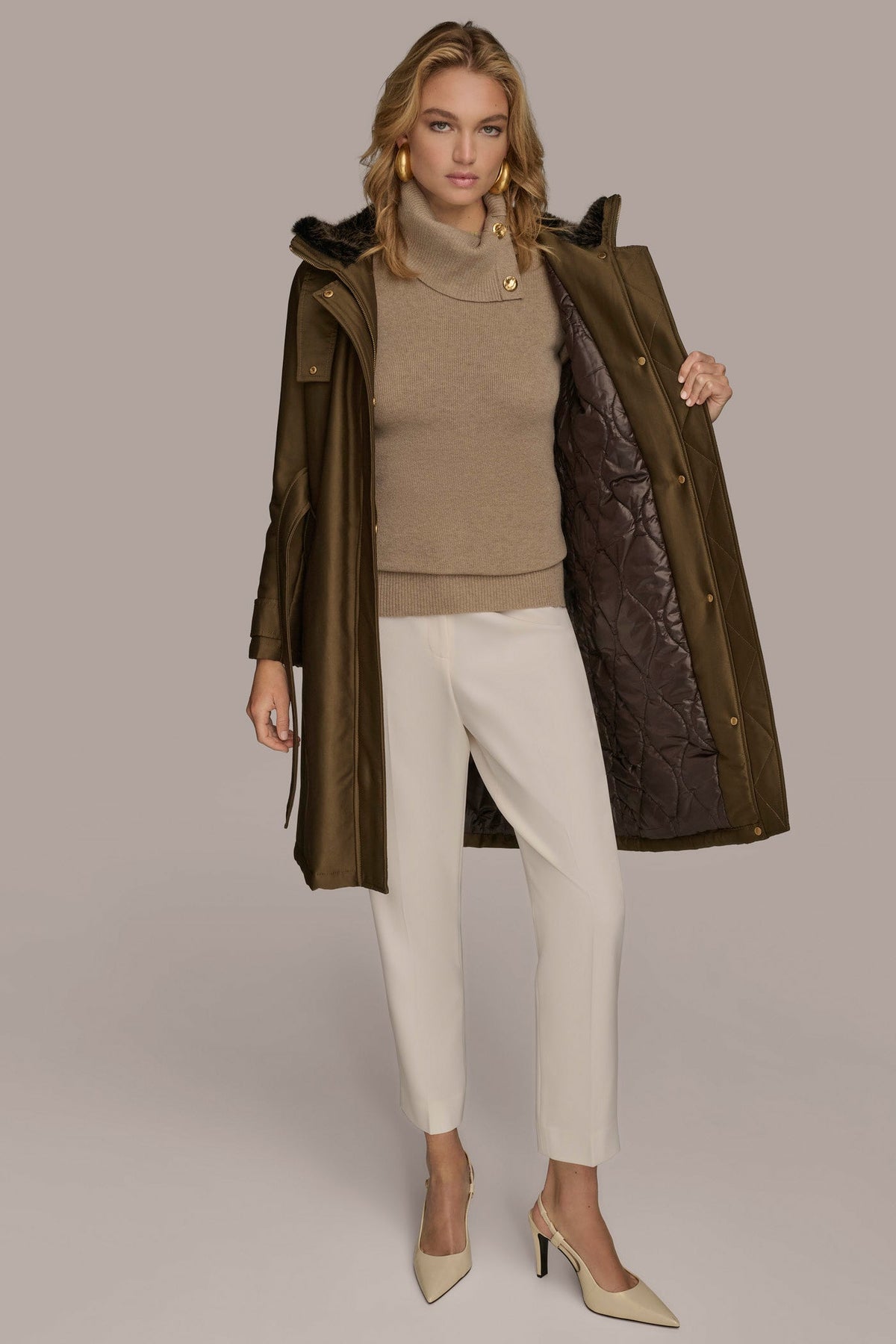 Donna Karan FAUX FUR TRIM LINED RAIN COAT