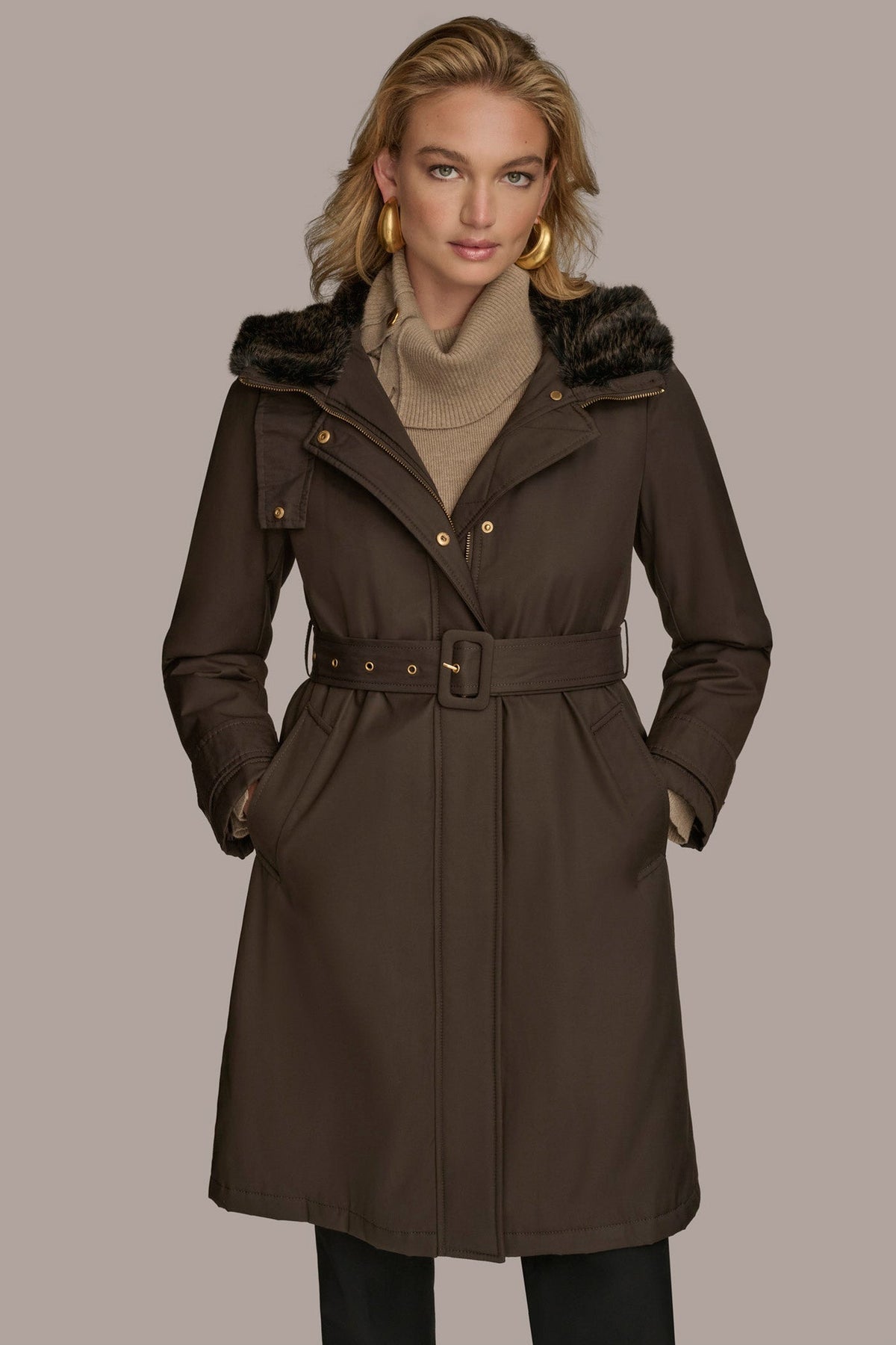 Donna Karan FAUX FUR TRIM LINED RAIN COAT