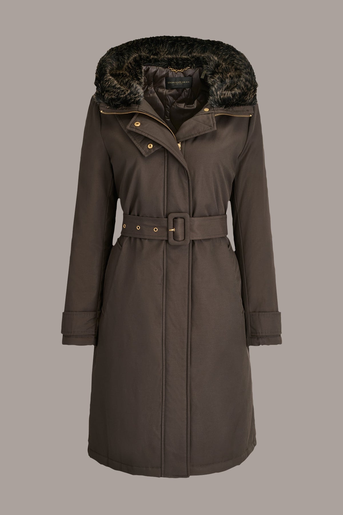 Donna Karan FAUX FUR TRIM LINED RAIN COAT