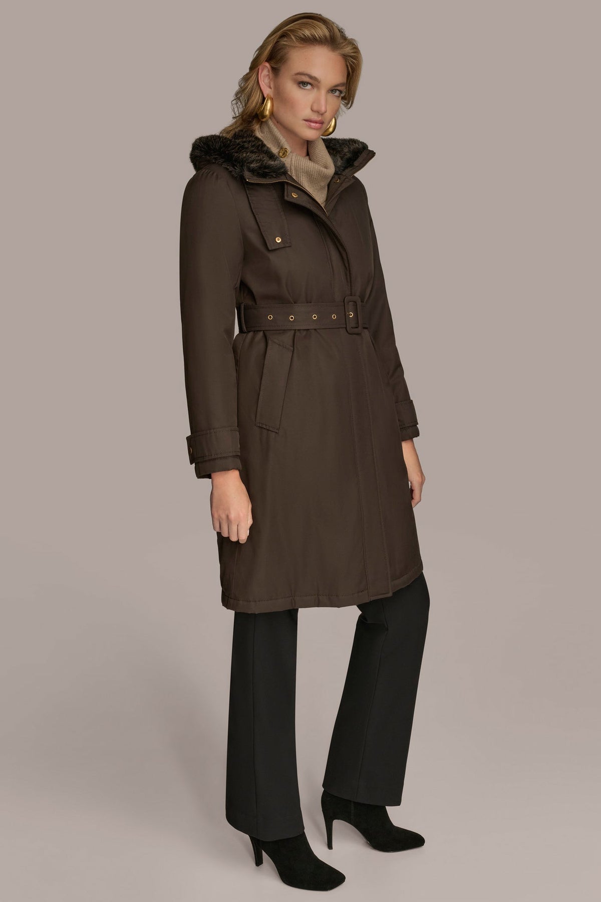 Donna Karan FAUX FUR TRIM LINED RAIN COAT