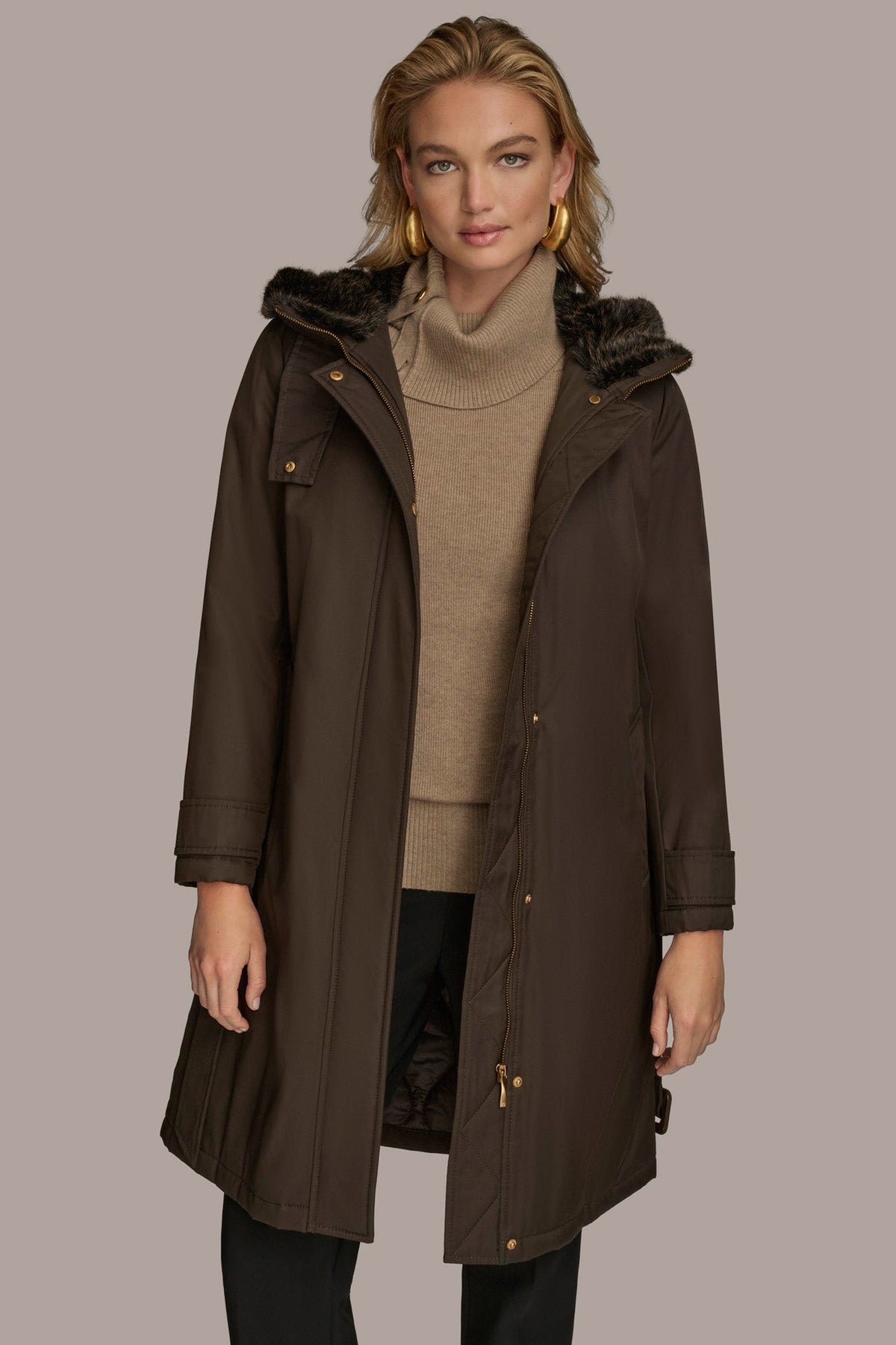 Donna Karan FAUX FUR TRIM LINED RAIN COAT