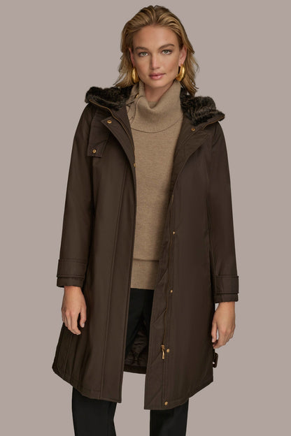 Donna Karan FAUX FUR TRIM LINED RAIN COAT