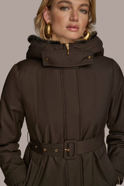 Donna Karan FAUX FUR TRIM LINED RAIN COAT