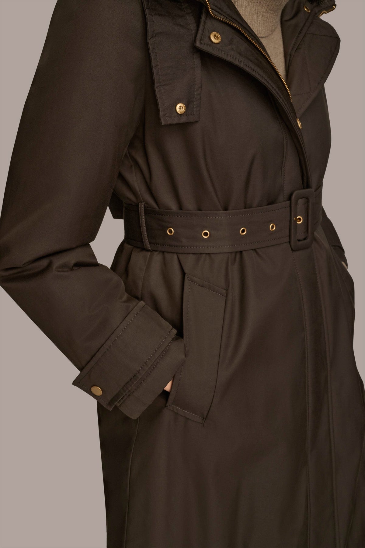 Donna Karan FAUX FUR TRIM LINED RAIN COAT
