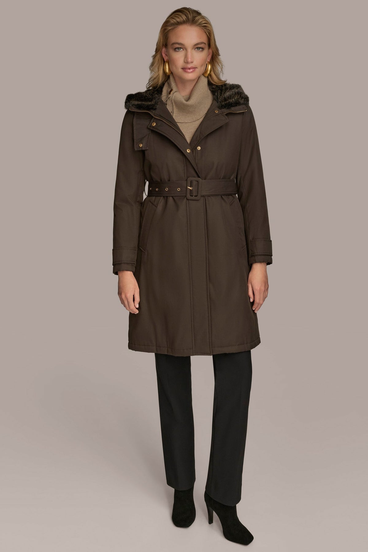 Donna Karan FAUX FUR TRIM LINED RAIN COAT