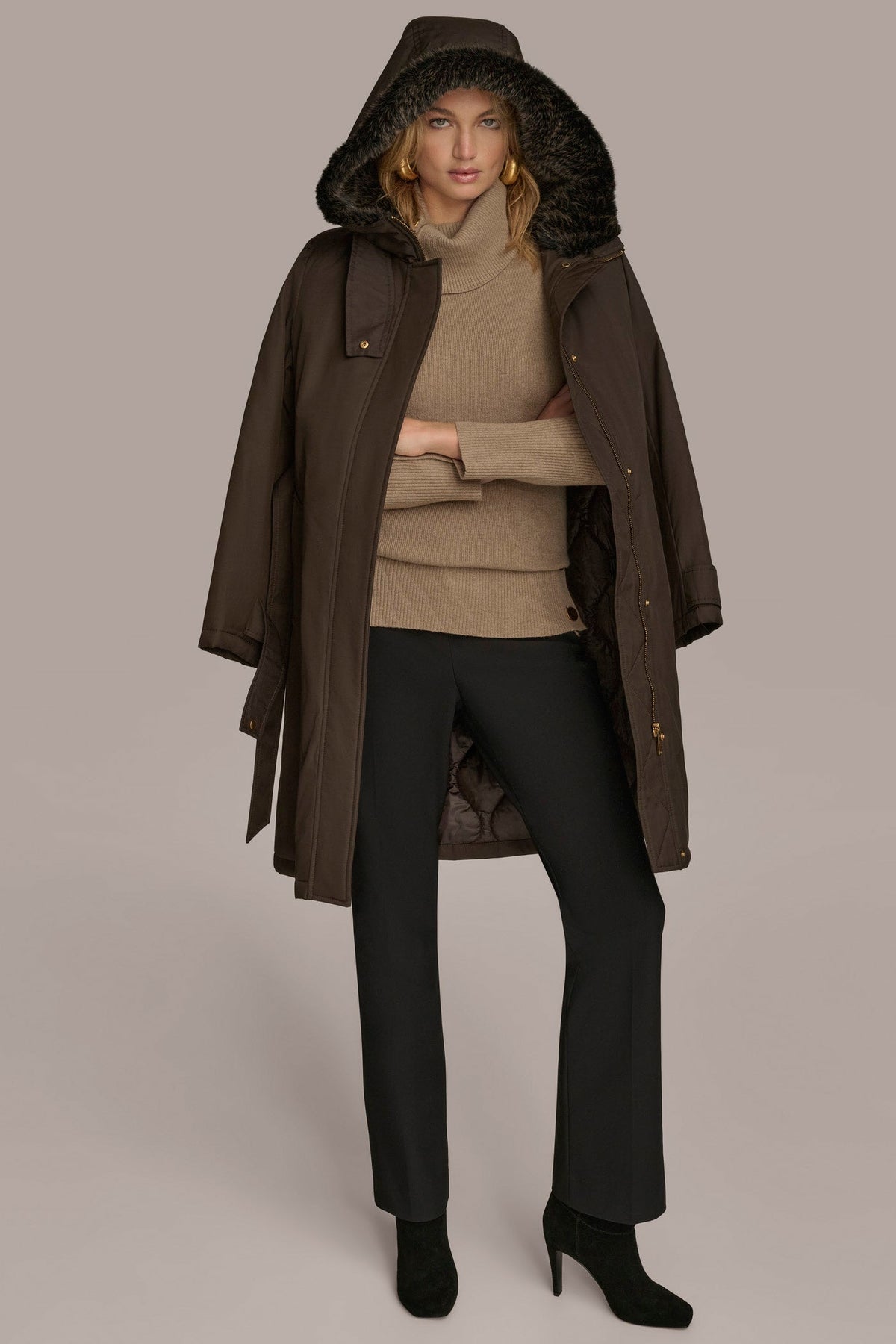 Donna Karan FAUX FUR TRIM LINED RAIN COAT
