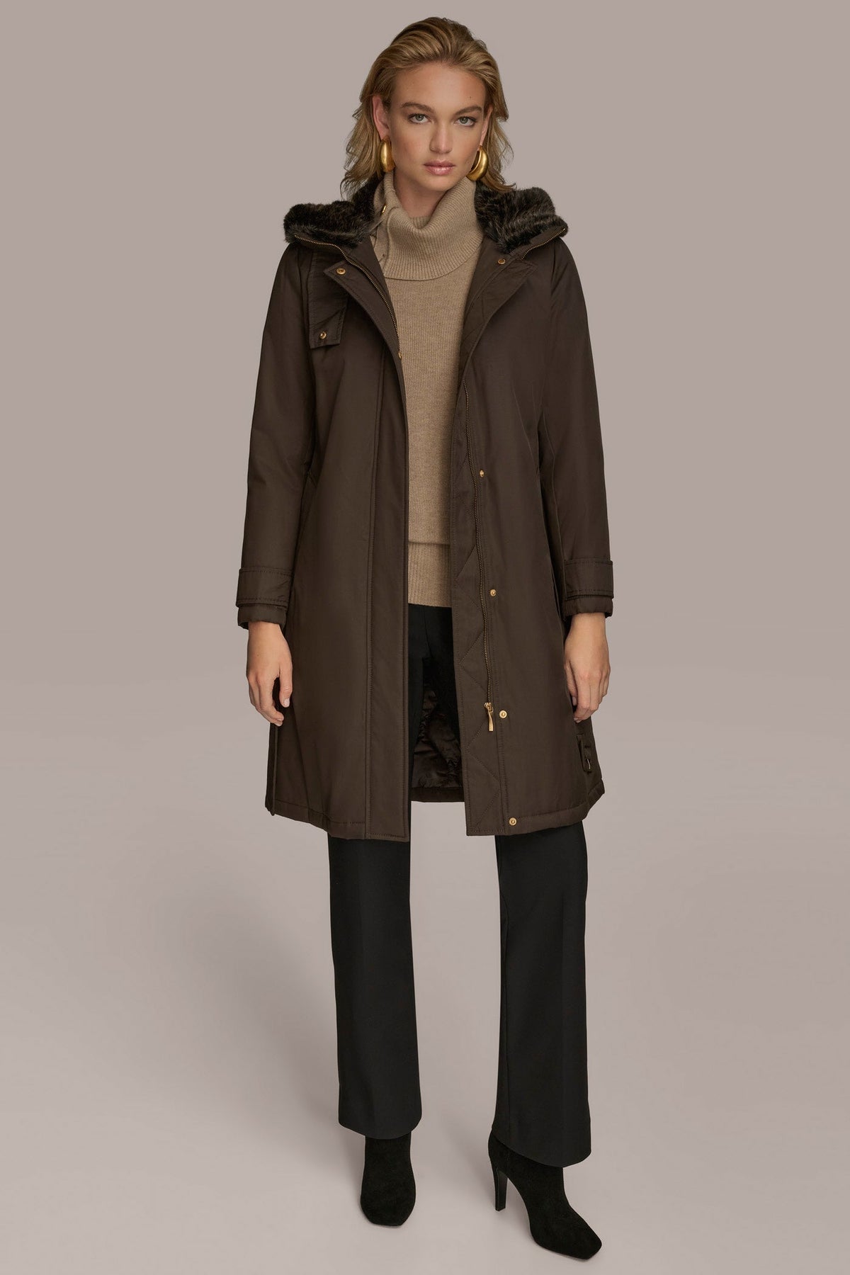 Donna Karan FAUX FUR TRIM LINED RAIN COAT