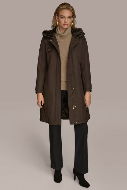 Donna Karan FAUX FUR TRIM LINED RAIN COAT