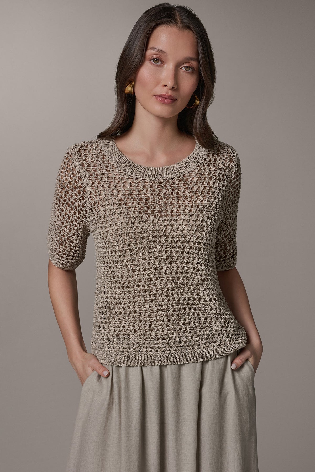 Donna Karan SHORT SLEEVE OPEN STITCH SWEATER