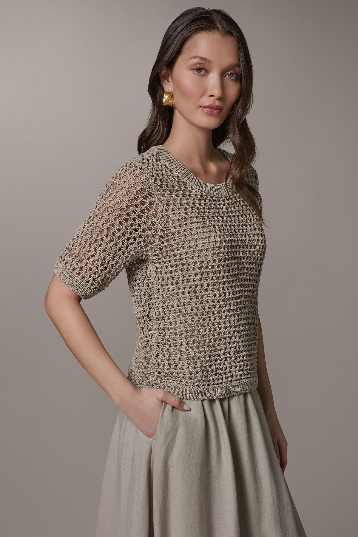 Donna Karan SHORT SLEEVE OPEN STITCH SWEATER