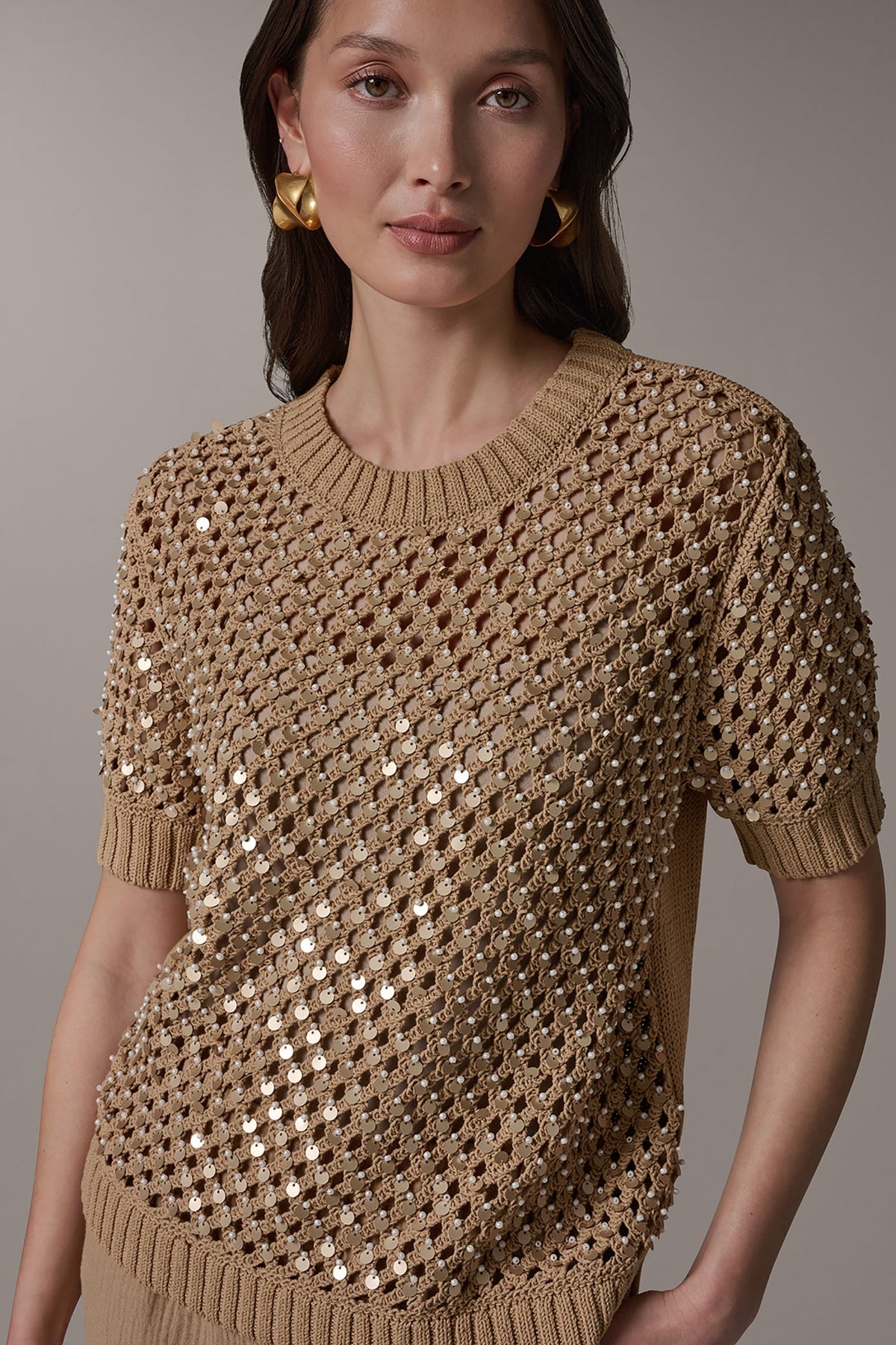 Donna Karan SHORT SLEEVE PEARL SEQUIN SWEATER