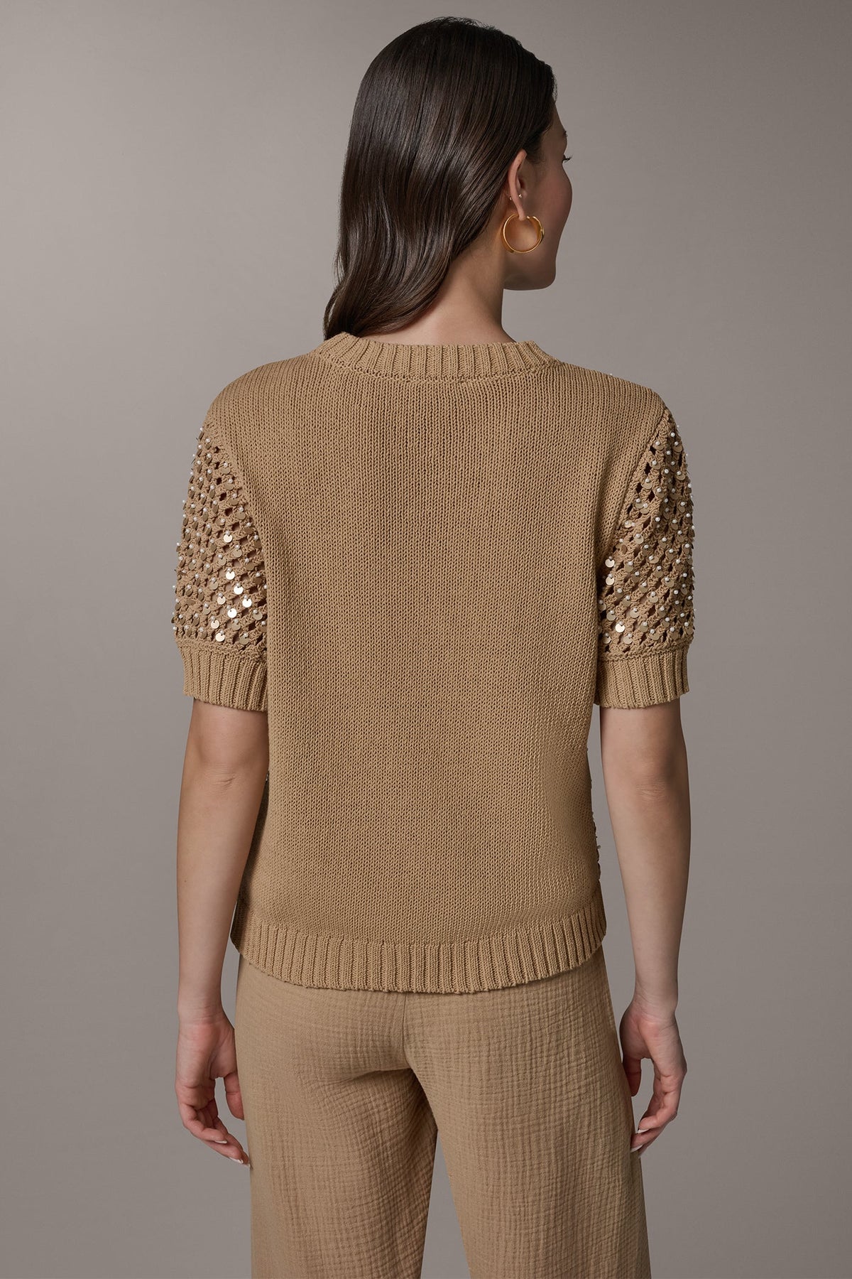 Donna Karan SHORT SLEEVE PEARL SEQUIN SWEATER