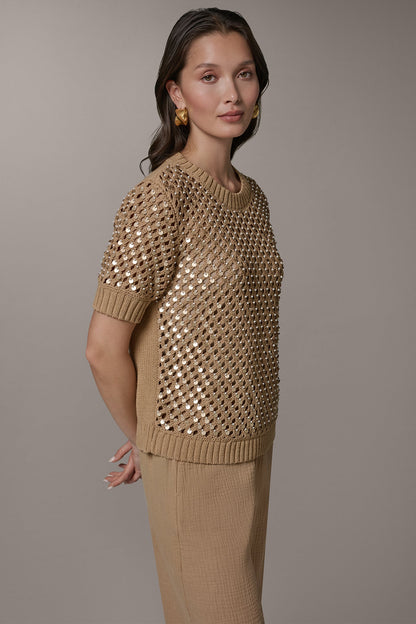 Donna Karan SHORT SLEEVE PEARL SEQUIN SWEATER